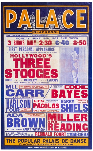 Large 24.75 x 39.75 Poster From June 1939 Advertising The Three Stooges Show at the Blackpool Palace in England -- Curly Misspelled as Curley